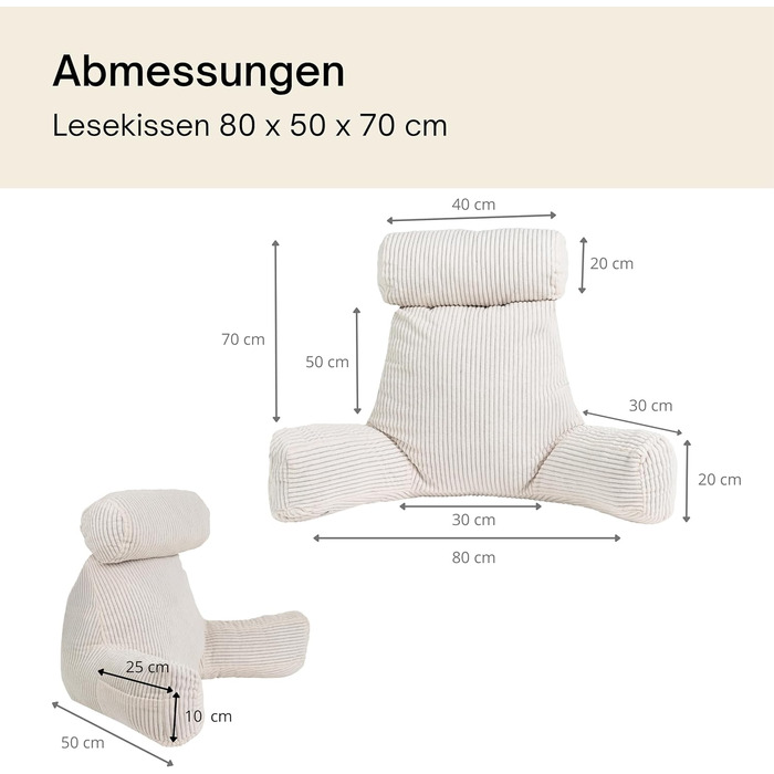 Вельветова подушка для читання для ліжка та дивана Знімний чохол, який можна прати в пральній машині Мяка та зручна, з підтримкою спинки з підлокітниками та ергономічним сидінням (кремово-білий) Знімна подушка кремово-білого кольору вельветовий оксамит Зн