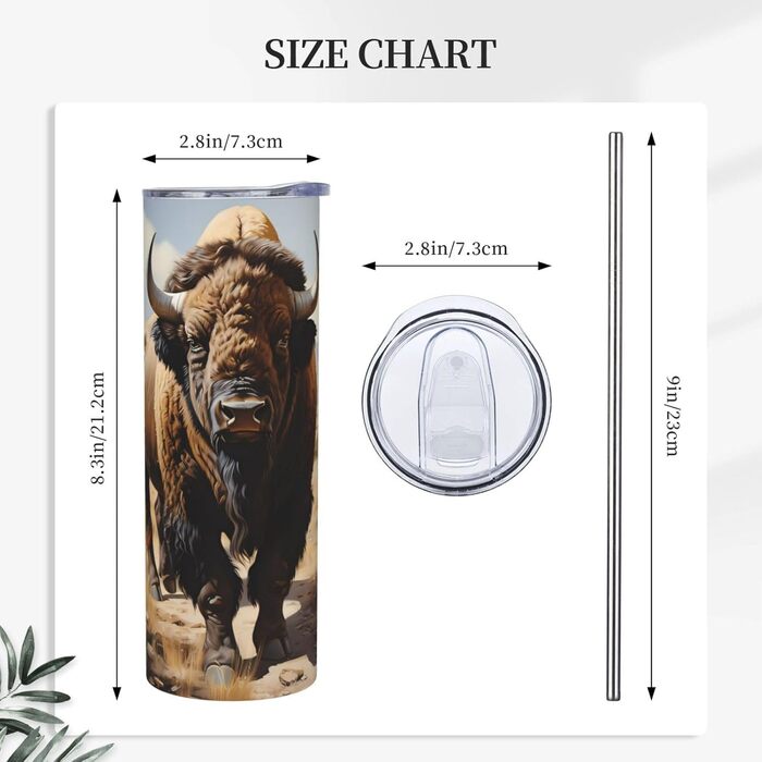 Кухоль з прямою трубочкою, дизайн стадо північноамериканських бізонів, друкований, дорожній кухоль, підходить для кемпінгу, офісу та дому, 590 мл