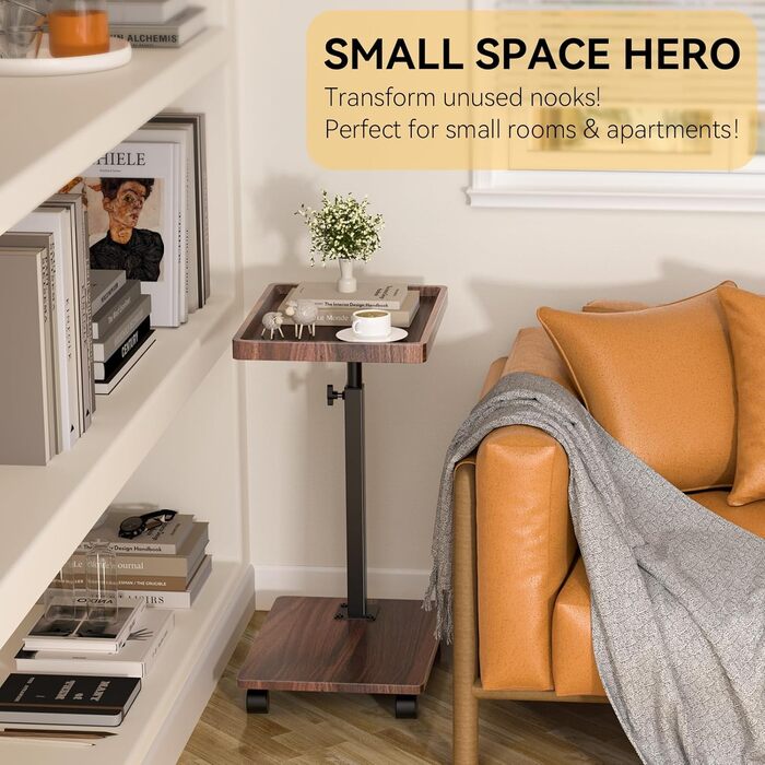 Журнальний столик з колесами, регульований по висоті жорстокий столик з обертанням на 360, С-подібний журнальний столик для вітальні, спальні, невеликий журнальний столик для дивана, кушетки, кавовий (горіх)