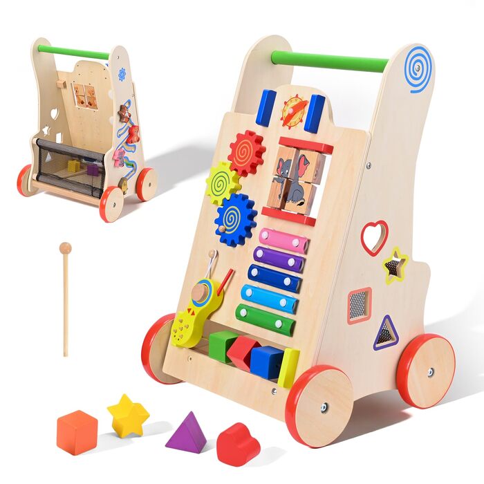 Дерев&39яні дитячі ходунки, 8-в-1 дерев&39яні дитячі ходунки з багатофункціональною іграшкою Монтессорі, дитячі ходунки з колесами, від 3 місяців до 2 років, подарунки для хлопчиків та дівчаток