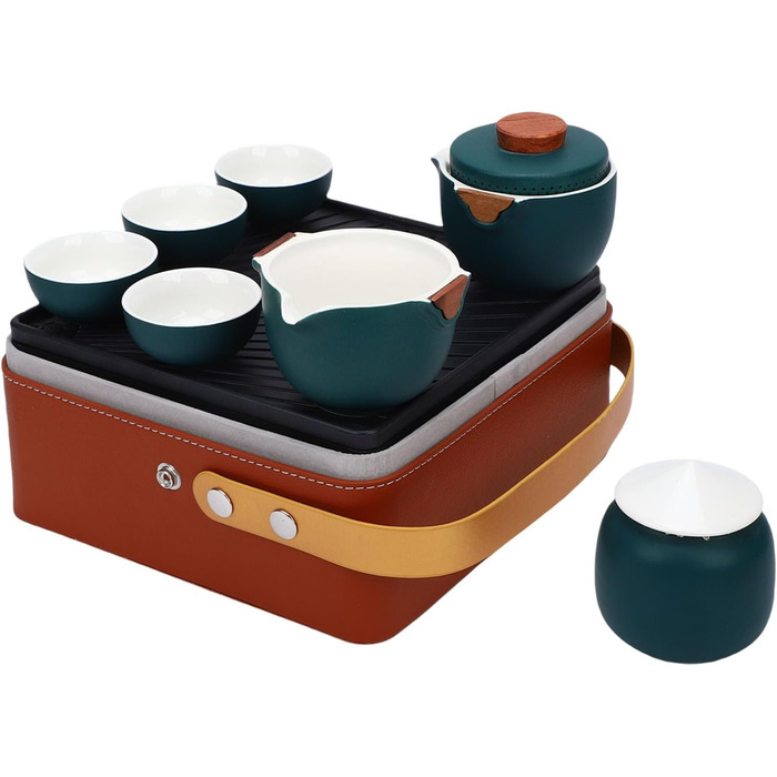 Гонфу-чайний сервіс, портативний керамічний чайний набір в елегантній коричневій коробці та темно-зеленому кольорі, для подорожей, дому, як подарунок, на відкритому повітрі та в офісі