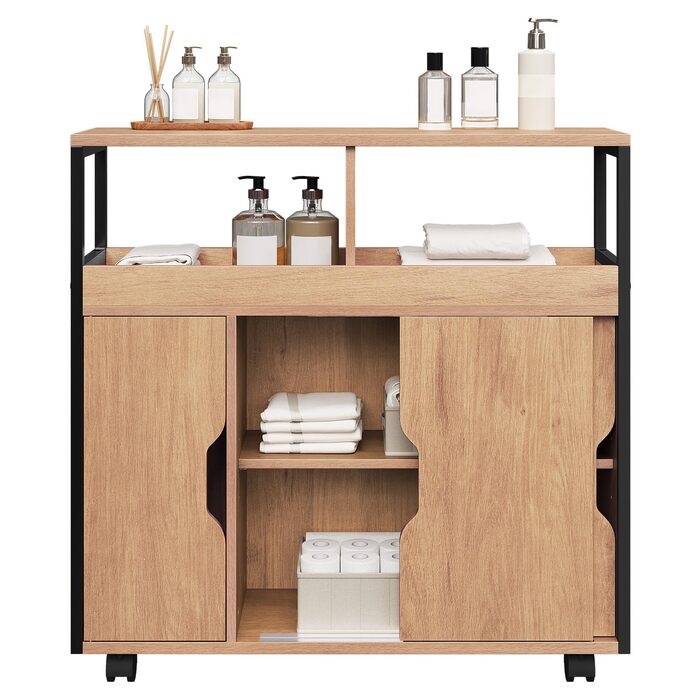 Шафка для ванної кімнати EUGAD, вузька нішева шафка, шафка для ванної кімнати з 2 відкритими відділеннями, регульована полиця, розсувні дверцята, нішева полиця з колесами, 70x70x20 см, чорний світлий дуб E1-MDF метал 70x20x70 см