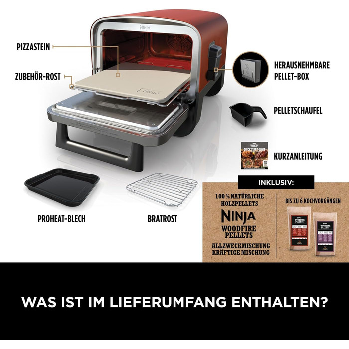 Відкрита піч Ninja Woodfire, піч для піци 8-в-1, коптильня для барбекю з решіткою для запікання, миска Pro-Heat, камінь для піци, деревні гранули та лопата, електрична, 6 налаштувань піци, палений апельсин OO101EU