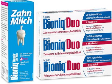 Зубна паста Bioniq Duo, 3 x 75 мл і Tooth Milk, 1 x 400 мл в наборі - Захист для чутливих зубів Відновлююча зубна паста та ополіскувач для порожнини рота зі штучною зубною емаллю Без фтору