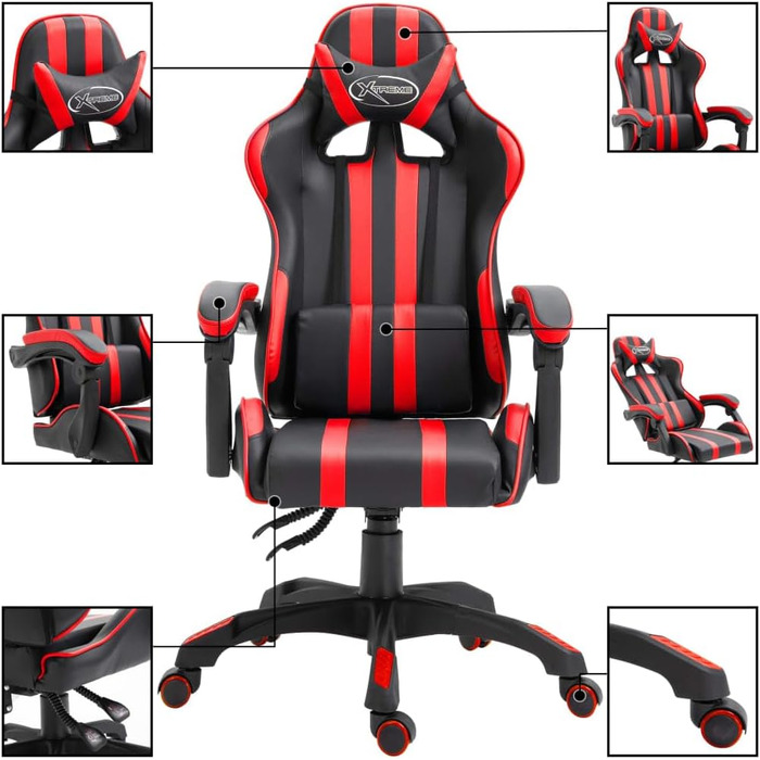 Геймерське крісло, червоне, штучна шкіра, ергономічне офісне крісло з функцією регулювання, коліщатками та поперековою опорою для геймерів