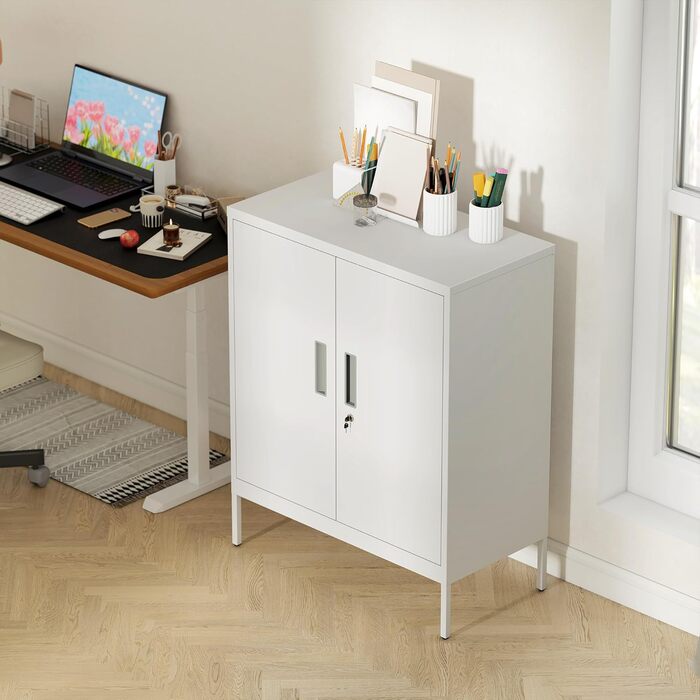 Шафа для документів HOMCOM, офісна шафа, що замикається, з 2 дверима, 2 полиці з регульованою висотою, замок, сталева шафа для зберігання, для офісу, кабінету, 80 x 40 x 100 см, біла