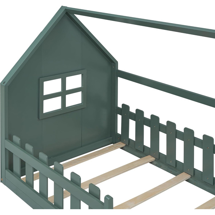 Дитяче ліжко-будиночок 90x200, підлогове ліжко із захистом від падіння та рейковою основою, дерев&39яне ліжко для хлопчиків та дівчаток, зелене без матраца