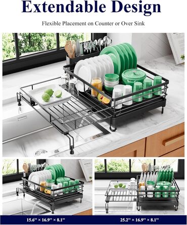 Висувна сушарка для посуду Kitsure сушарка для посуду з нержавіючої сталі з регульованими ніжками, тримачем для столових приборів та знімним підносом, 39,5-64,0 см x 43,0 см x 20,5 см, чорна