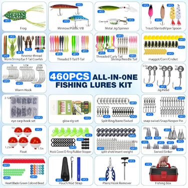 Набір рибальських снастей із 460 предметів, рибальські приманки для судака, форелі, окуня, рибальські аксесуари з ящиком для снастей, гачки, рибальські приманки, ящик для рибальських приманок на 3 полиці. Підходить для початківців та професіоналів.