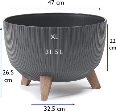 Квітковий горщик MELTOM з ніжками-вставкою, горщик для трав, еко-перероблений (антрацит, XL - 47 см) XL - 47 см антрацит