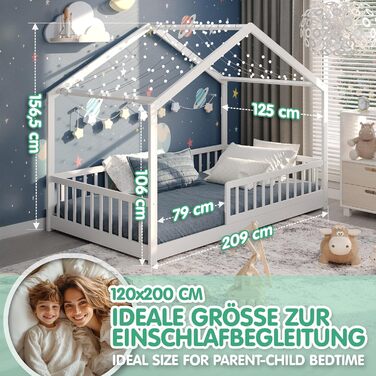 Дитяче ліжко CADANI Malte 120x200 см Ліжко-будиночок зі знімними захисними поручнями, вантажопідйомність до 200 кг, висувна рейкова основа, ліжко Монтессорі з масиву сосни, білий колір 120x200 см