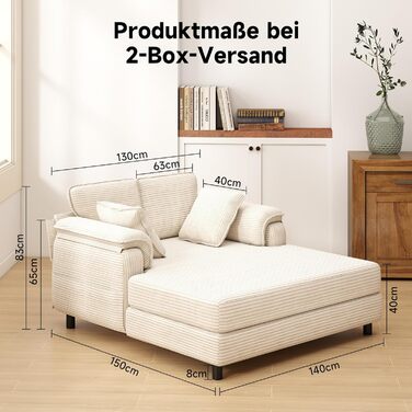 Диван-ліжко Winlice 140x150 см завширшки, двомісний вельветовий шезлонг-ліжко для гостей з 4 кишенями для зберігання речей та 2 подушками, що прається та нековзне, каркас з дерева та заліза, бежевий Диван-ліжко з вельвету Диван-ліжко з вельвету бежевого к