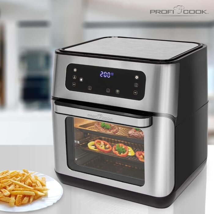 Аерофритюрниця ProfiCook XXL 9 автопрограм 1500 Вт 200 C Об'єм 11 л 4 рівні встановлення Нержавіюча сталь LED-дисплей Комплект аксесуарів PC-FR 1200, сталь-чорний