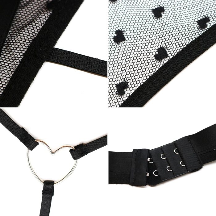 Жіночий сексуальний комплект білизни з прозорої сітки, спідня білизна у формі сердечок, сітчаста білизна, бебі-дол з V-подібним вирізом та леопардовим принтом, комплект із 2 предметів бюстгальтер на бретельках-спагетті трусики-стрінги, один розмір, чорний