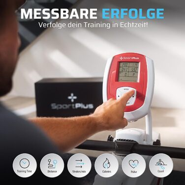 Складаний гребний тренажер SportPlus для домашнього використання - Розроблено в Німеччині - Для початківців та досвідчених користувачів - Гребний тренажер з магнітним опором, надзвичайно тихий, складний та компактний, до 150 кг, білий/червоний