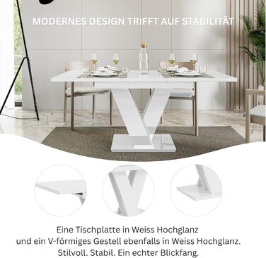 Розкладний обідній стіл (160 см) - 120x80x75 см - Сучасний - Обідній стіл - Обідній стіл - Стіл для їдальні, вітальні - Розкладний стіл - Білий глянцевий