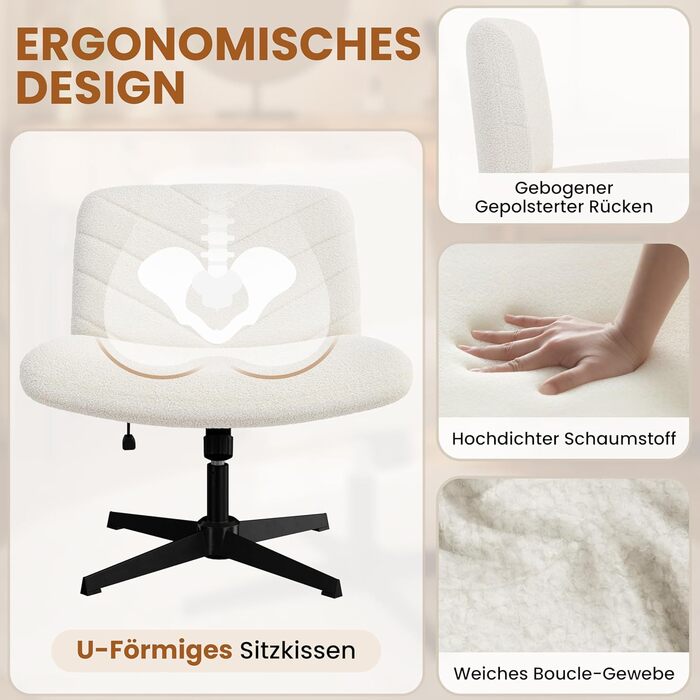 Офісний стілець Yaheetech, стілець для роботи з широкою подушкою сидіння, регульований по висоті обертовий стілець із середньою спинкою, стілець зі схрещеними ногами для офісів та спалень, колір слонової кістки, без коліс