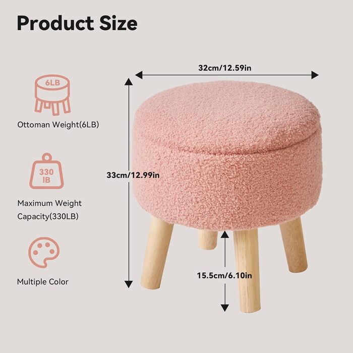 Дюймовий маленький пуф-пуф з місцем для зберігання, круглий пуф-підставка з м&39яким сидінням та кришкою, міні-пуф-підставка з оксамиту Teddy Velvet для дивана у вітальні, рожевий WBD006P 32Г x 32Ш x 33В см рожевий, 13-