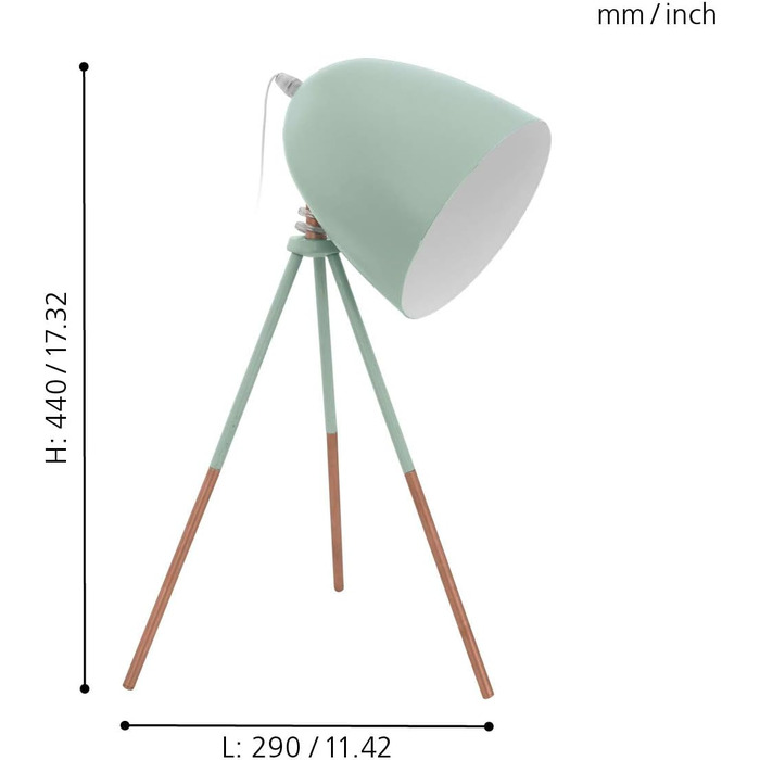 Настільна лампа EGLO Tripod Dundee, 1 полум'я вінтажна настільна лампа, сталева приліжкова лампа, колір М'ята, Розетка E27, в т.ч. Switch Mint Table Lamp
