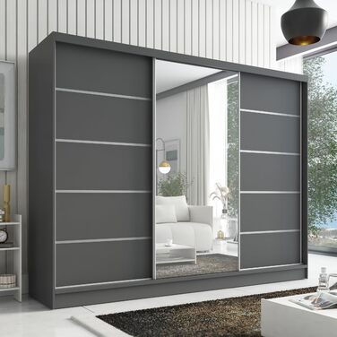 Шафа Aurelia 1 Шафа з розсувними дверима шириною 200 см з дзеркалом, 3-дверна, шафа з шухлядами, шафа з розсувними дверима для спальні або гардеробної, графіт