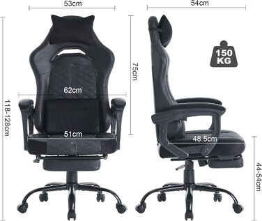 Ігрове крісло з ергономічною підставкою для ніг та коліщатками, комп&39ютерне крісло з підголівником та поперековою опорою, офісне крісло, комп&39ютерне крісло, регульоване та поворотне робоче крісло, чорне