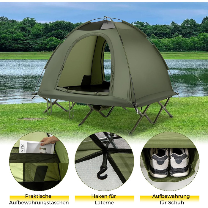 Розкладне ліжко COSTWAY з наметом для 2 осіб, кемпінгове ліжко з дощовиком, 2 сітчасті двері, мансардний вікно та сумка на колесах, кемпінговий шезлонг, вантажопідйомність 300 кг, 194 x 145 x 150 см, зелений