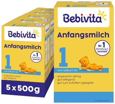 Молочна суміш для немовлят Bebivita 1 First (5 x 500 г), з народження, приємно кремова та ситна, підходить для прикорму