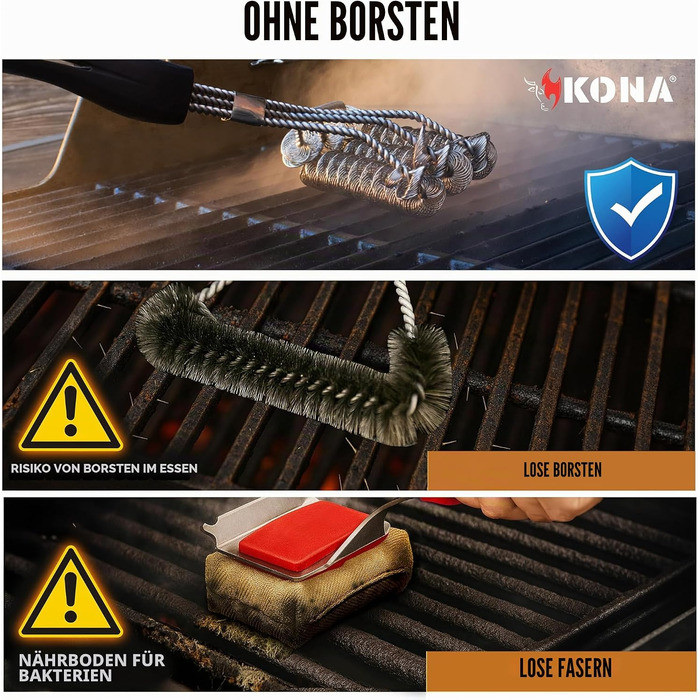 Щітка для гриля Kona Safe/Clean, безщетинкова, зі 100 нержавіючої сталі, безпечна для порцеляни, кераміки, сталі та чавуну, чорна