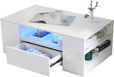 Журнальний столик зі світлодіодним підсвічуванням, сучасний диванний столик, стіл для вітальні з 2 шухлядами, 100x55x37 см, білий