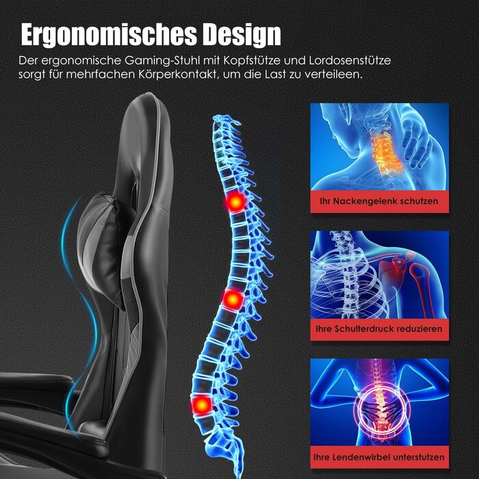 Ігрове крісло, комп&39ютерне крісло з підставкою для ніг та поперековою подушкою, ергономічне гоночне ігрове крісло з регульованим підголівником, офісне крісло, ігрове крісло вантажопідйомністю 150 кг (чорно-сіре).