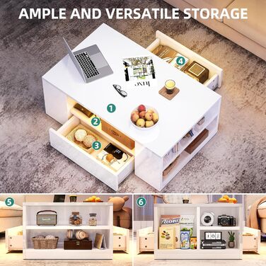 Білий журнальний столик YITAHOME, глянцевий стіл для вітальні з 16-кольоровим світлодіодним підсвічуванням, сучасний бічний столик з відкритою полицею та 2 висувними шухлядами, 95 x 55 x 37 см