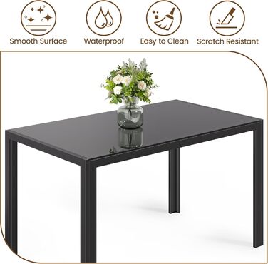 Обідній стіл Bealife із загартованого скла, 130x70x75 см, сучасний кухонний стіл з металевим каркасом, стійкий до подряпин та жаростійкість для кухні, вітальні, їдальні або кавового куточка, домашнього офісу (чорний, 130*70*75) Чорний 130*70*75