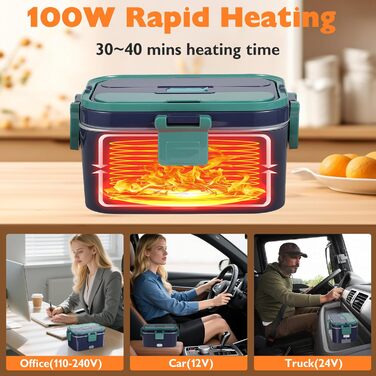 Електричний ланч-бокс 100 Вт з підігрівом для дорослих з 2 харчовими відділеннями об&39ємом 1,8 л, 1 відділенням для фруктів, сумкою, виделкою та ложкою з нержавіючої сталі, великим підігрівом їжі для автомобіля, вантажівки, офісу, дому
