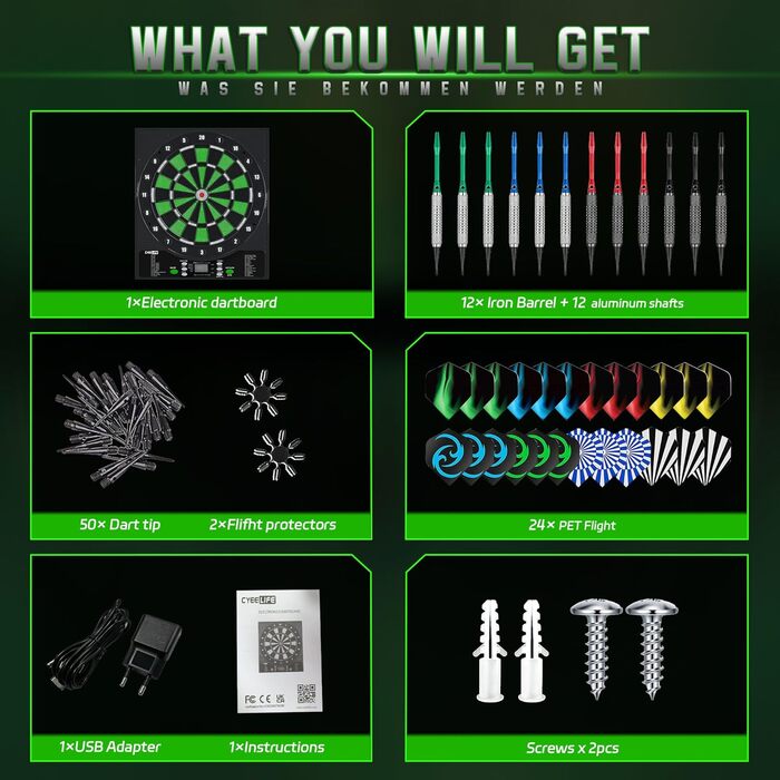 Електронна мішень для дартсу Cyeelife з німецьким голосом та РК-екраном включає 12 мяких дротиків, 24 крильця, 50 наконечників та USB-зарядний пристрій стандартна мішень для дартсу