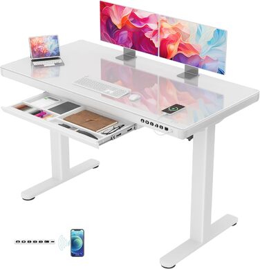 Стіл Homall Glass з регульованою висотою, 120 x 60 см, електричний стіл з регульованою висотою та шухлядою, стіл для домашнього офісу з можливістю сидіти та стояти, білий 120 x 60 см, білий