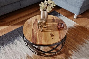 Круглий журнальний столик FineBuy MANUR з масиву шишаму Ø 60 см стіл для вітальні в промисловому дизайні з чорним металевим каркасом дерев&39яний стіл ручної роботи, натурально-коричневий