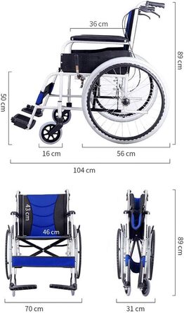 Інвалідний візок, легкий розбірний портативний самохідний інвалідний візок зі зручною подушкою сидіння та підставкою для ніг для літніх людей/інвалідів, візок з алюмінієвого сплаву, портативний синій