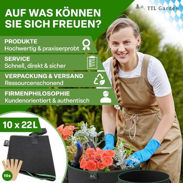 Мішки для посадки рослин TTL GARDEN 10 x 22 л з нетканого матеріалу - Набір з 10 шт. (20 л 10 22 літри) - Мішки для посадки з фетру та нетканого матеріалу 300 г/м - Контейнери для посадки на балкон, терасу, теплицю та саду - 22 літри - Набір з 10 шт. - Ун