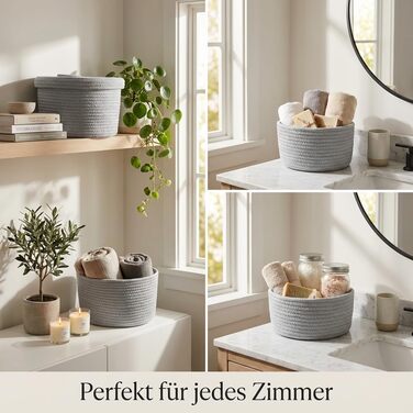 Плетені кошики з кришками, кошики для зберігання у ванній кімнаті, круглий кошик з кришкою, кошик для зберігання з кришкою, плетені кошики для зберігання (сірі)