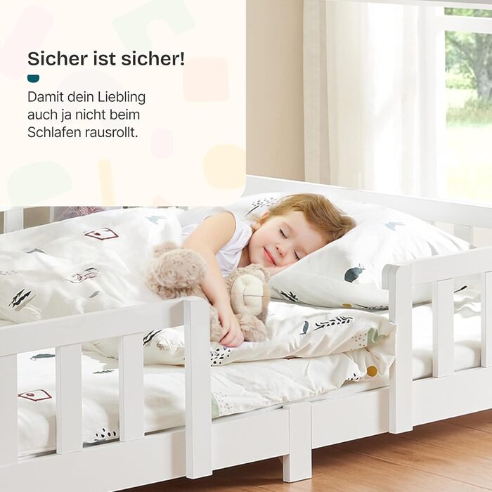 Дитяче ліжко Treviolo House, 140 x 200 см, Дерев&39яне дитяче ліжко із захистом від падіння, каркас ліжка Монтессорі з рейковою основою, сосна, білий колір, 140 x 200 см