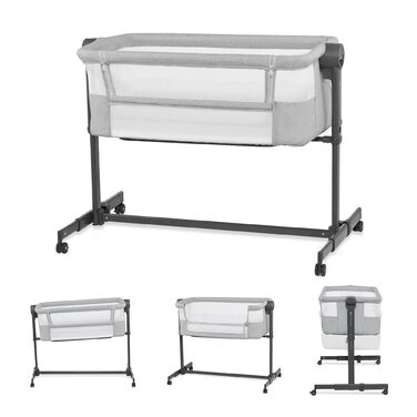 В-1 приліжкове ліжечко, дорожнє ліжечко з матрацом та простирадлом, 5-рівневе регулювання висоти матраца, 4 колеса з гальмами, м&39який матеріал, легка конструкція, сірий Neste Grey, 2 2-