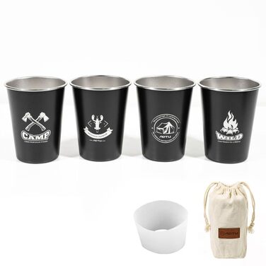 Набір чашок QOXEZY Outdoor з нержавіючої сталі 304, 4 предмети, що складаються один на одного, з сумкою для перенесення, 350 мл, для кемпінгу, пікніків та барбекю