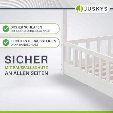 Дитяче ліжко Juskys Marli 90 x 200 см з матрацом, захисними поручнями, рейковою основою та дахом - Ліжко-будиночок з масиву дерева для дітей - Ліжко білого кольору