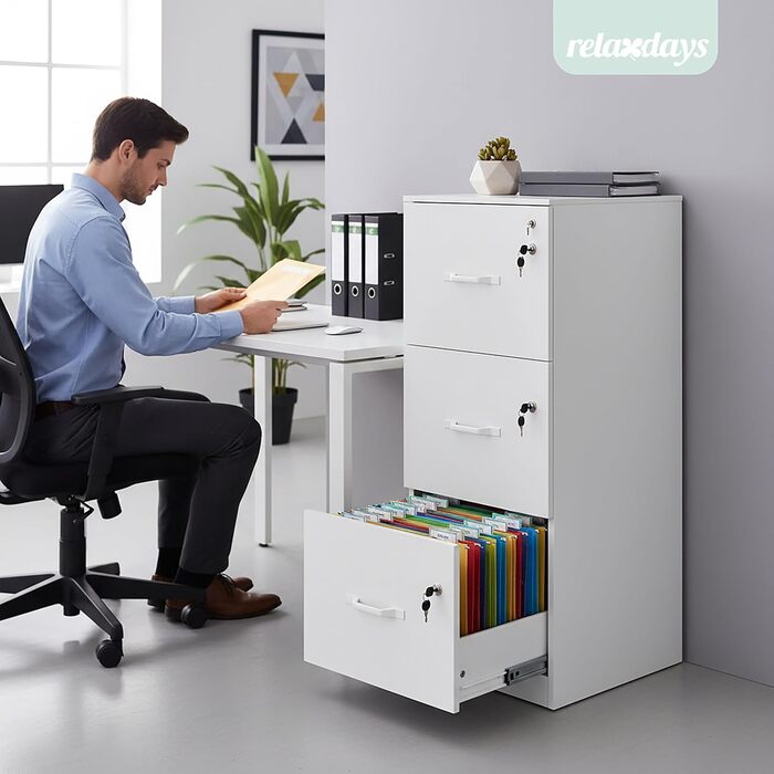Картотечна шафа Relaxdays для підвісних файлів, 3 шухляди, що замикаються, ВxШxГ 103 x 40 x 40 см, підвісна картотечна шафа, біла