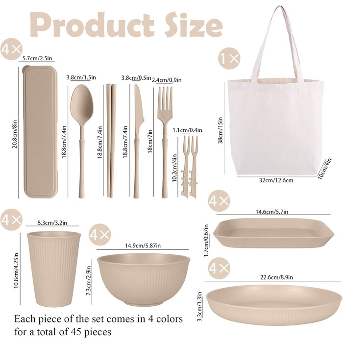 Небиткий набір посуду на 4 особи з сумкою з тканини, багаторазовий посуд для кемпінгу, пластиковий посуд для пікніка, барбекю, легкий посуд для подачі, тарілки, миски, столові прибори в комплекті