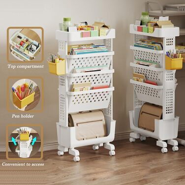 Мобільна книжкова полиця на колесах, органайзер для журналів/книг, візок для зберігання книг, 5-ярусна книжкова полиця на колесах для спальні, офісу та школи (біла)