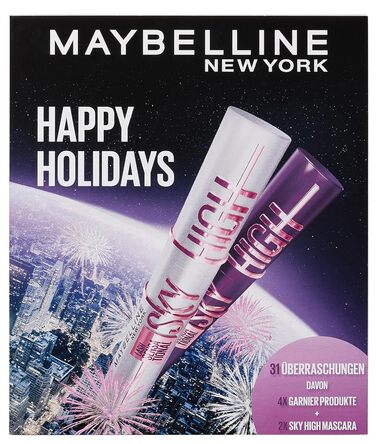 Різдвяний календар Maybelline New York на 2025 рік із 31 дверима на весь грудень, 26 повнорозмірними продуктами та 5 подарунками, включаючи 2 туші Sky High Mascara 4 продукти Garnier Skincare.