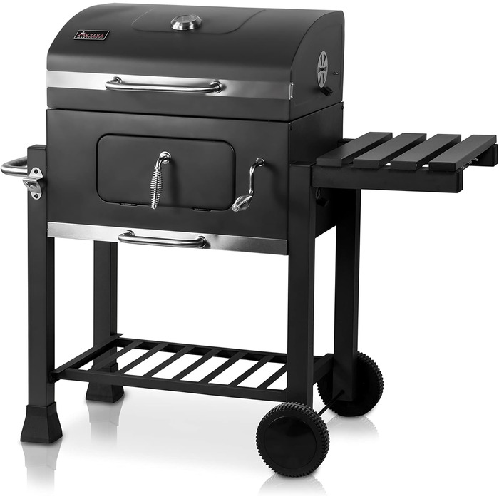 Кутовий чавунний мангал з чавунною решіткою I Мангал з кришкою, регульованим піддоном для вугілля та термометром I Візок для барбе