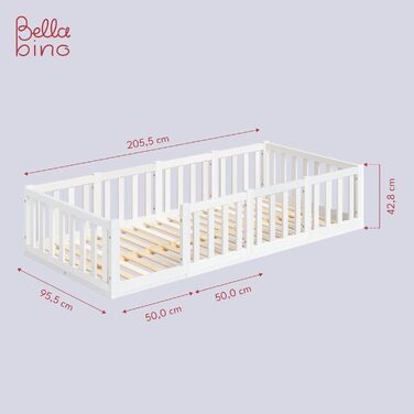 Ліжко Bellabino Tapi 90x200 см, дитяче ліжко із захистом від випадіння, включаючи рейкову раму, підлогове ліжко Монтессорі для хло