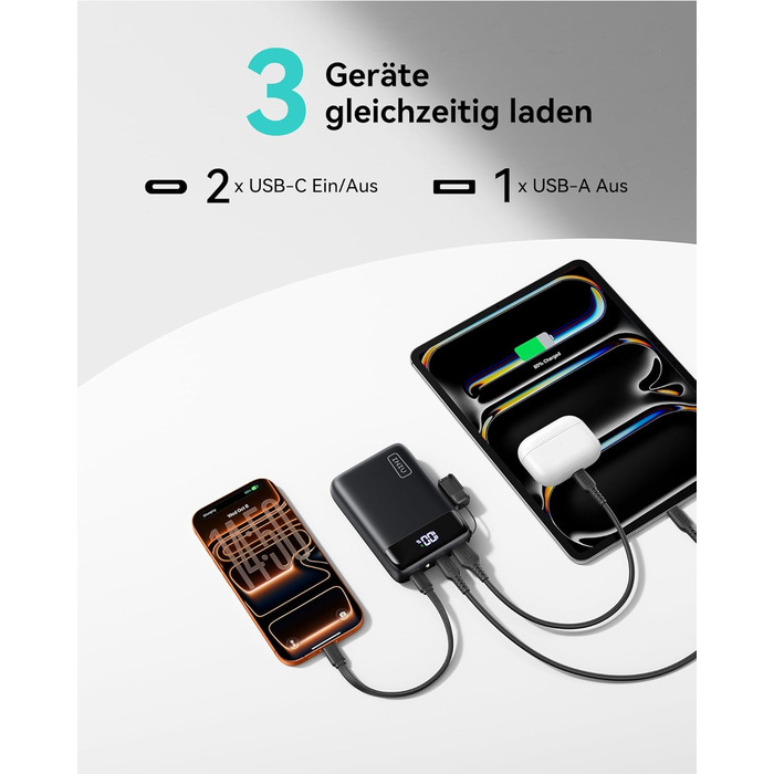 Ультракомпактний портативний зарядний пристрій ємністю 20000 мАг 22,5 Вт із швидкою зарядкою, зовнішні акумулятори для мобільних телефонів з входом та виходом USB-C, маленький, але потужний акумулятор для iPhone 17 16 15 Pro, Samsung S25 S24, iPad, подоро